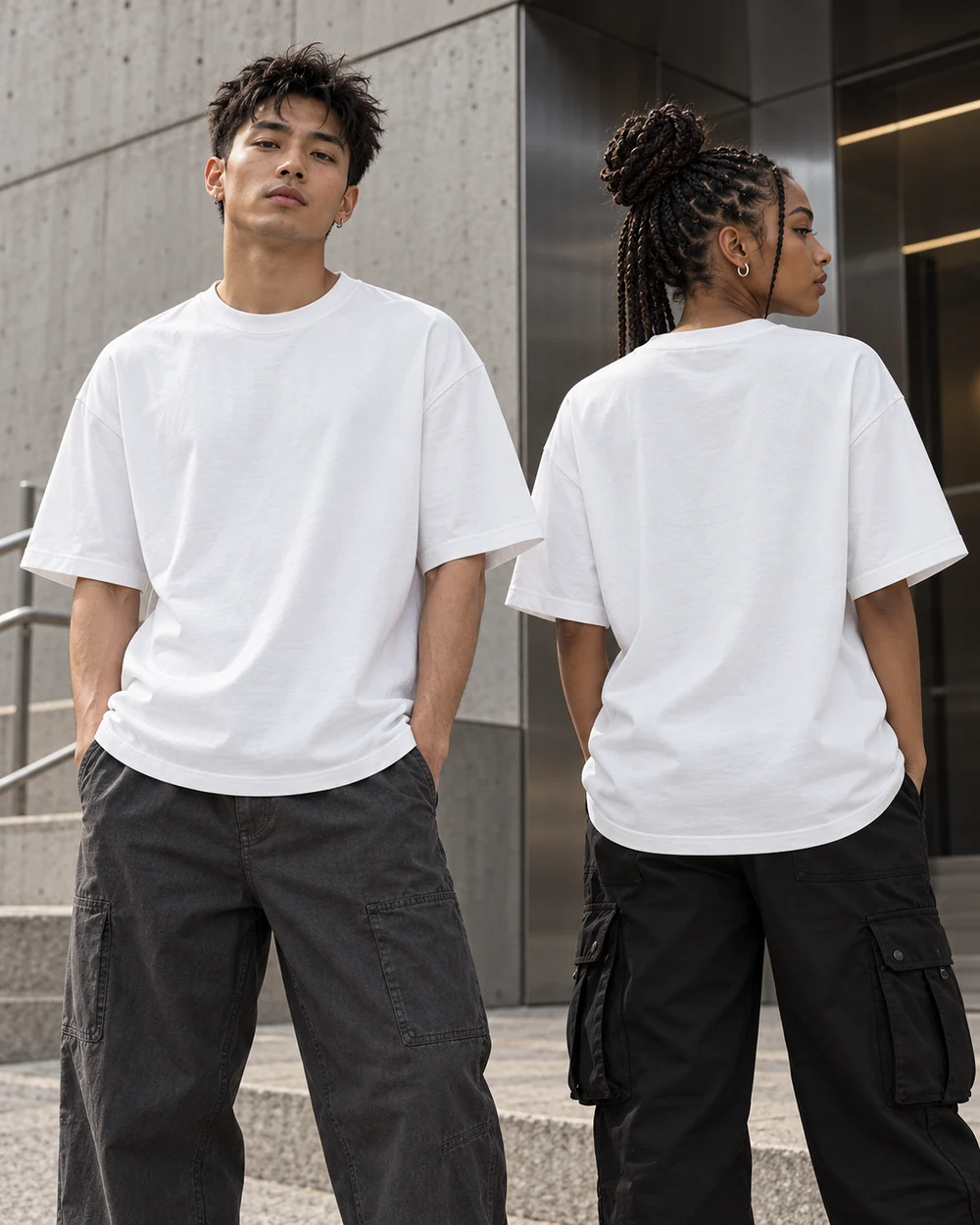 Jovens com camisetas brancas oversized e calças largas